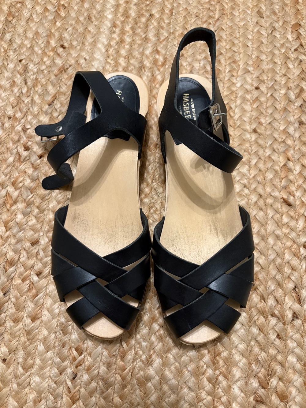 Swedish Hasbeens Black Woven Leather Slingback Sandals